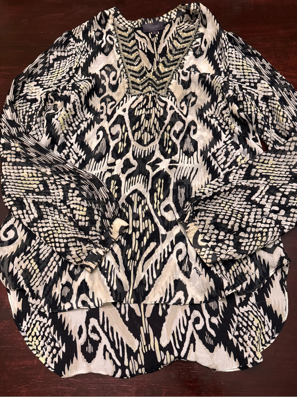 Hale Bob Black & Cream Printed V-Neck Blouse